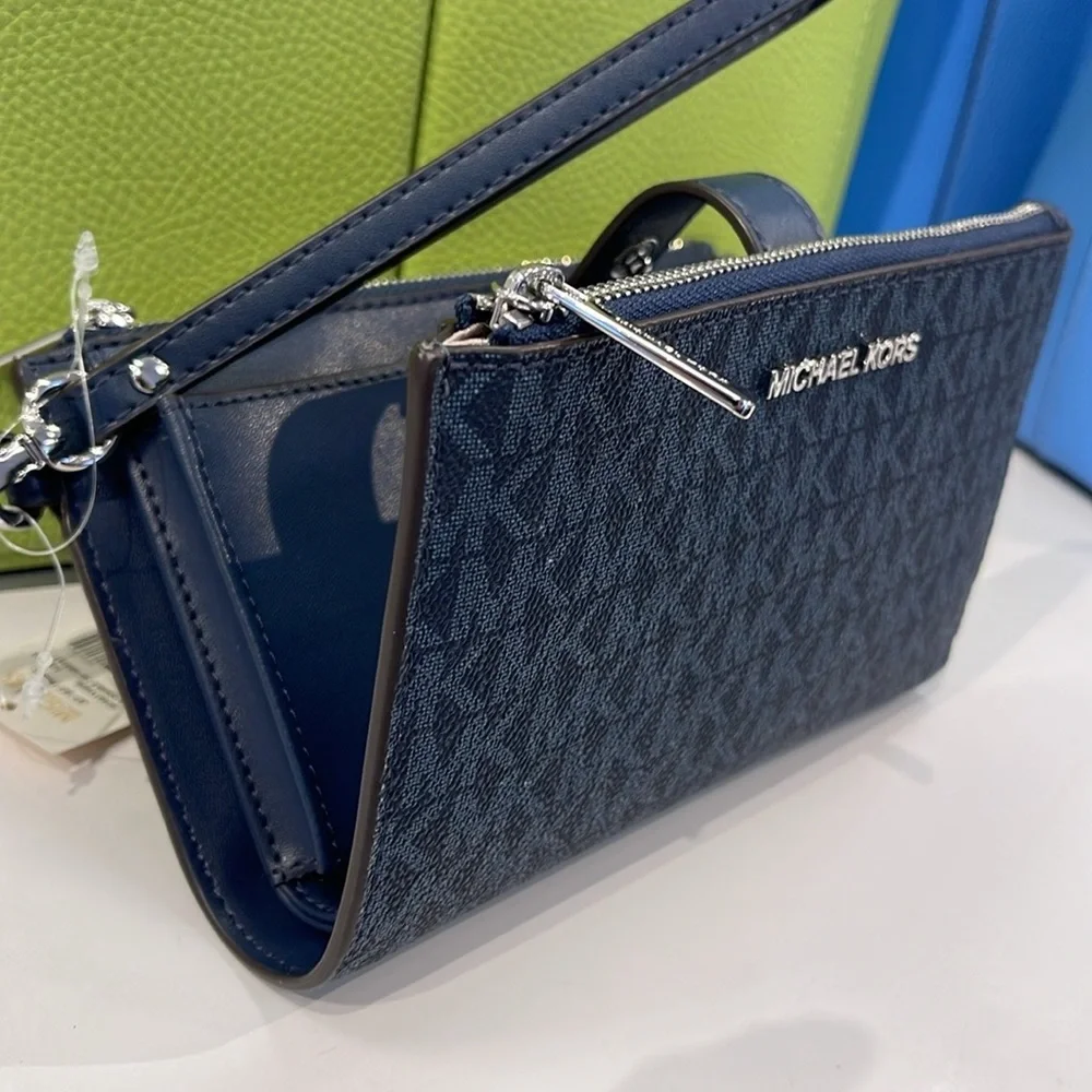 Michael Kors Jet Set Travel Large Double-Zip Wristlet-Wallet-PhoneHolder Admiral - Picture 14 of 16